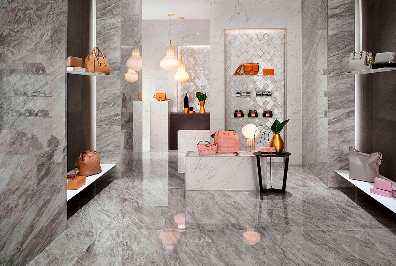 Керамогранит Marvel Bardiglio Grey Lappato 75x150, Marvel Carrara Pure Lappato 75x150,Marvel Basaltina Volcano 75x150, Мозаика Marvel Carrara Pure Mosaico Esagono 3D 28,2x35,3